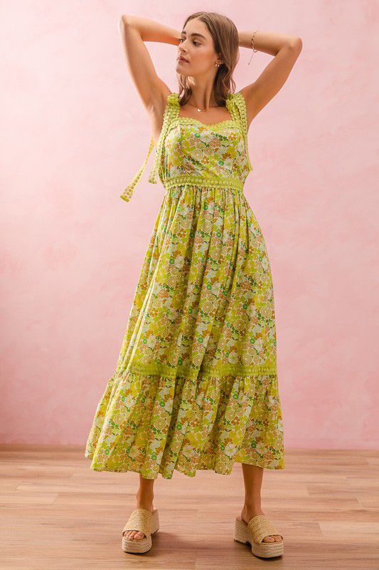 FLORAL MAXI DRESS WITH RIBBON TIE LACE STRAP