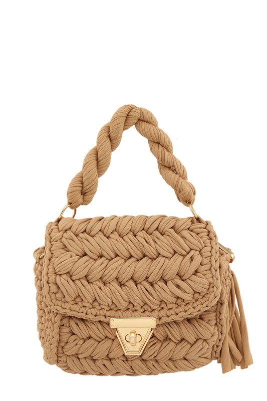 Woven Knitted Handbag with Tassel Charm Beige