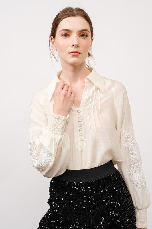 Ivory Embroidered Flowy Blouse