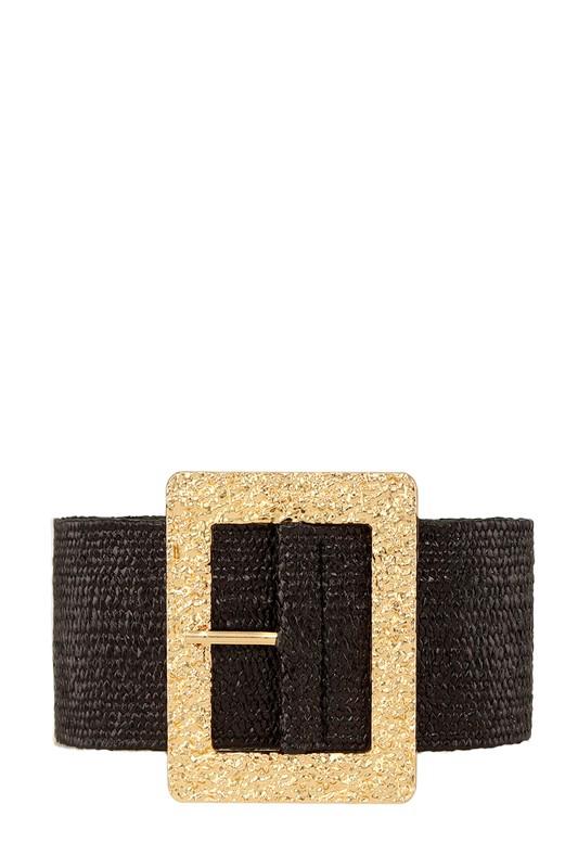 Metal Hammered Square Straw Elastic Belt Black