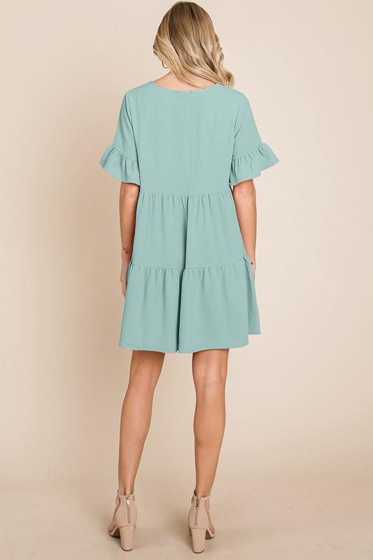 Mint Pleated Flutter Ruffle Sleeve layered Tiered Dress