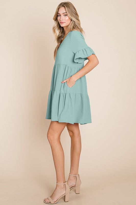 Mint Pleated Flutter Ruffle Sleeve layered Tiered Dress