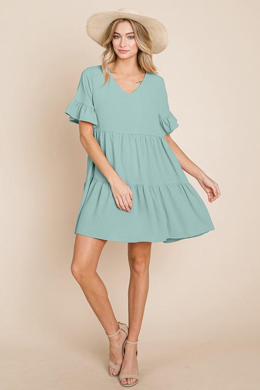 Mint Pleated Flutter Ruffle Sleeve layered Tiered Dress