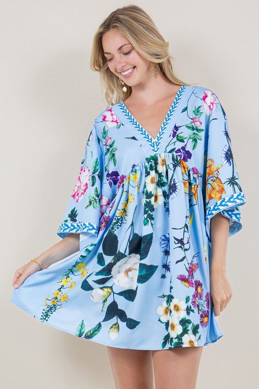 V Neck Oriental Kimono Floral Blue Dress