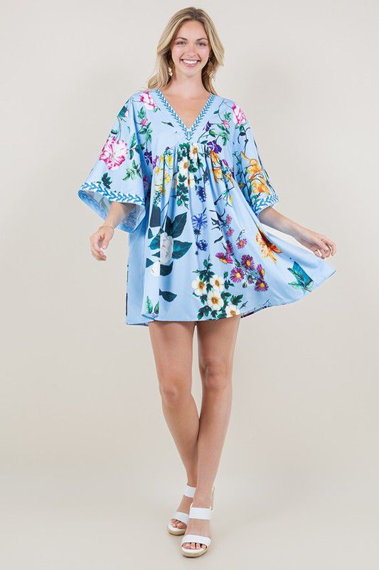 V Neck Oriental Kimono Floral Blue Dress