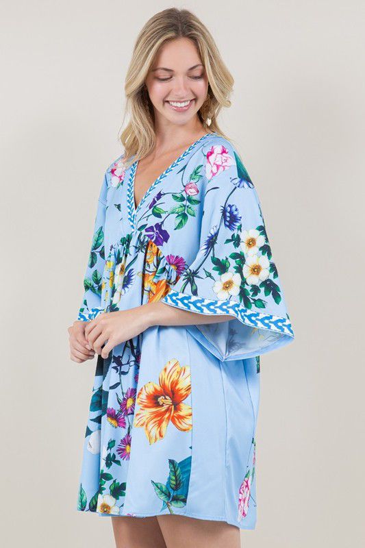 V Neck Oriental Kimono Floral Blue Dress