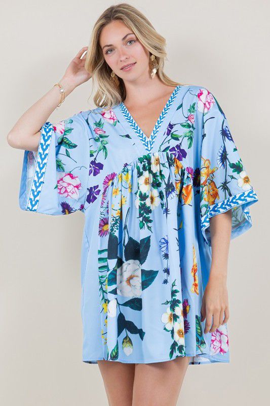 V Neck Oriental Kimono Floral Blue Dress