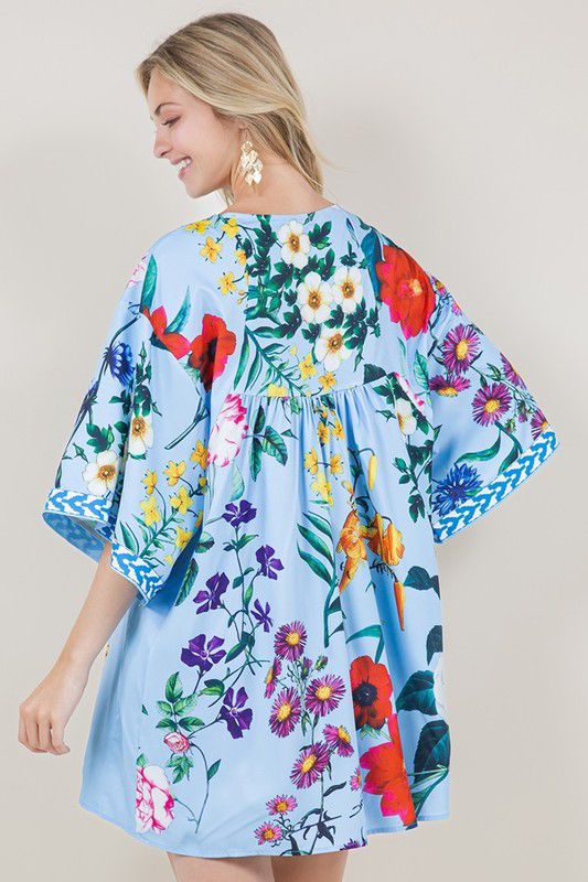 V Neck Oriental Kimono Floral Blue Dress