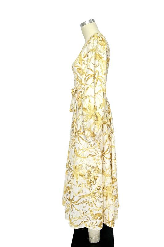 V neck White and Yellow Maxi Dress