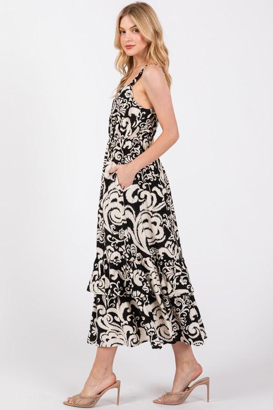 Paisley Black and Cream Midi Dress