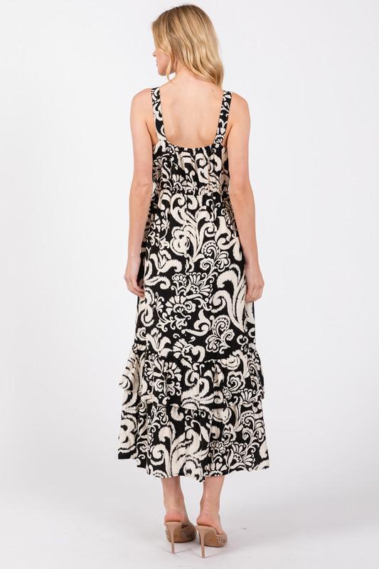 Paisley Black and Cream Midi Dress