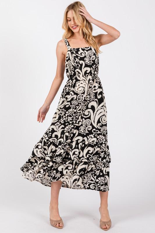 Paisley Black and Cream Midi Dress