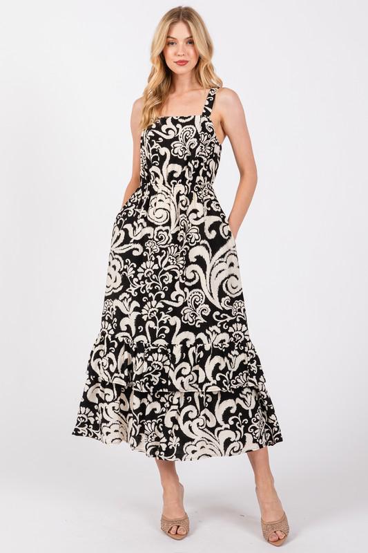 Paisley Black and Cream Midi Dress