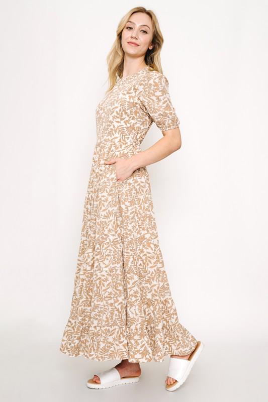 White and Beige Printed Maxi Dress