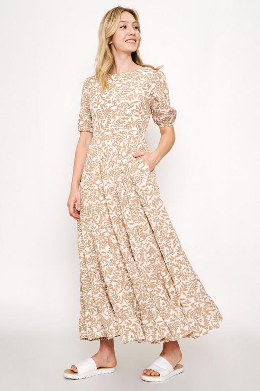 White and Beige Printed Maxi Dress