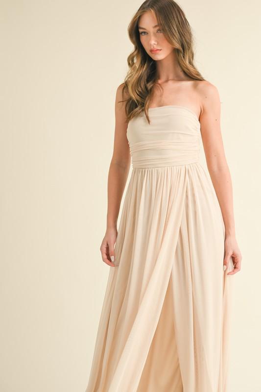 Strapless mesh high slit A-line maxi dress