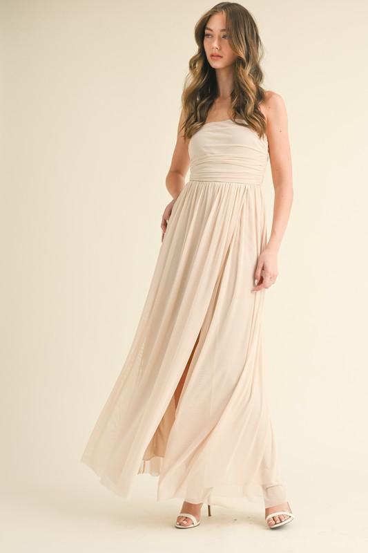 Strapless mesh high slit A-line maxi dress