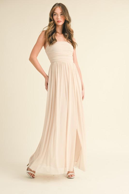 Strapless mesh high slit A-line maxi dress