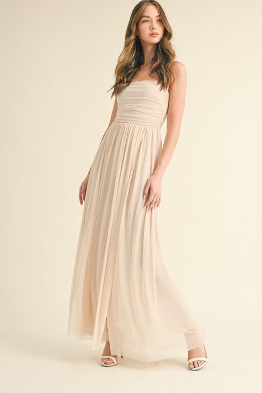 Strapless mesh high slit A-line maxi dress