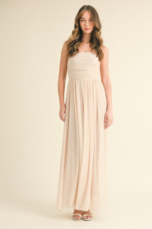 Strapless mesh high slit A-line maxi dress