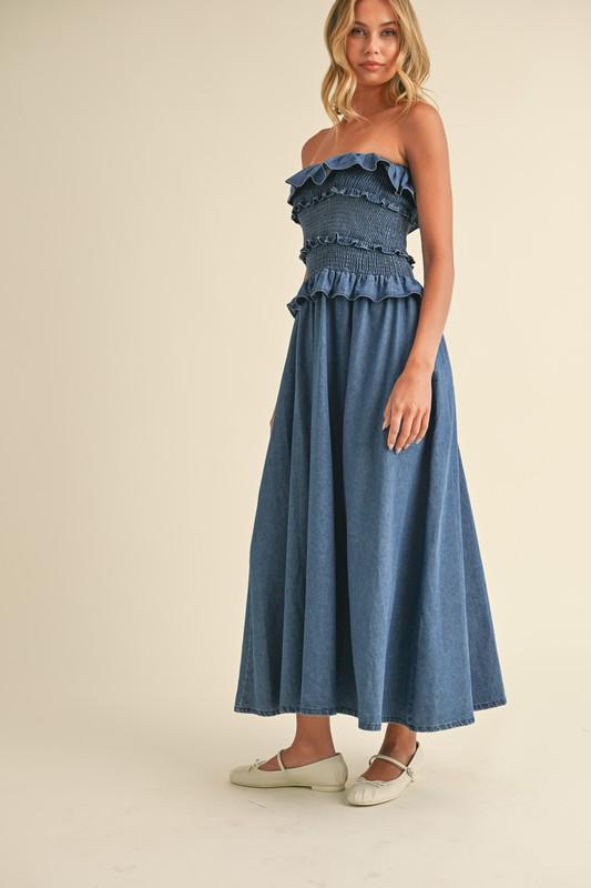 Ruffle strapless denim midi dress with pockets