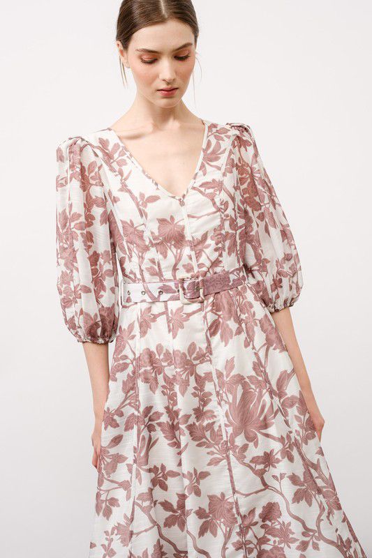 Mauve floral belted bubble sleeves midi dress