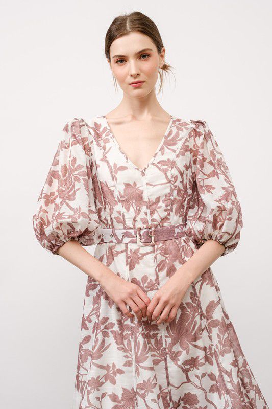 Mauve floral belted bubble sleeves midi dress