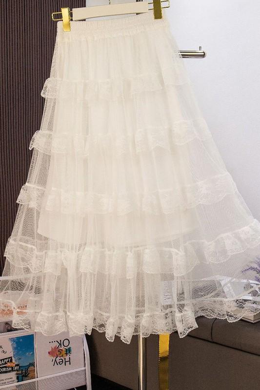 Elastic waistband white tulle lace skirt