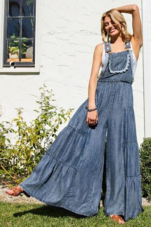 Lace trim tiered sleeveless jumpsuit