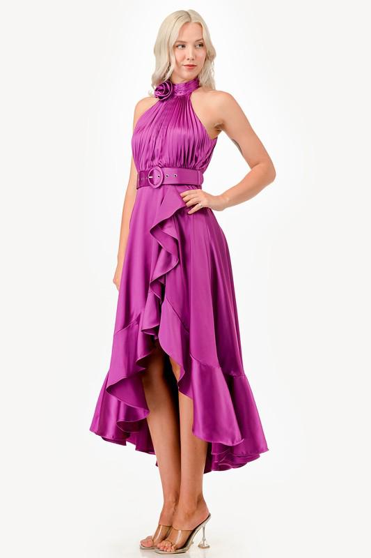 Halter flower detail magenta high low satin dress