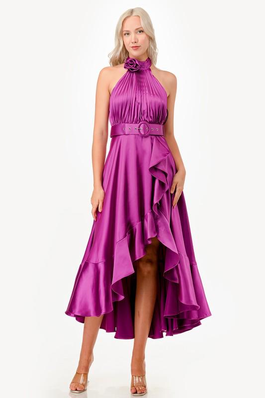 Halter flower detail magenta high low satin dress