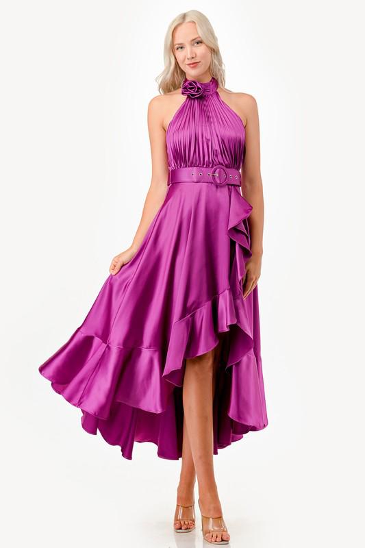 Halter flower detail magenta high low satin dress