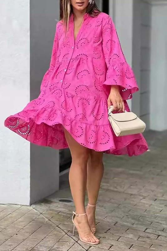 V neck eyelet fucsia dress