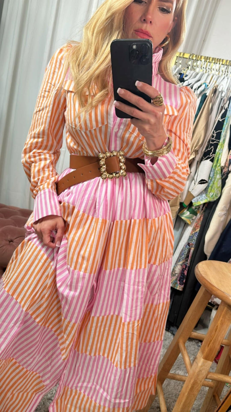 Orange pink striped collar midi dress