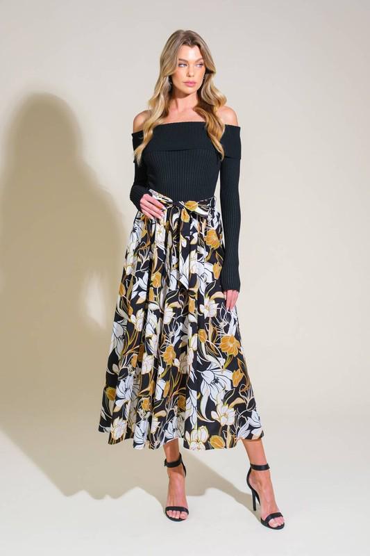 Black & Floral Midi Dress