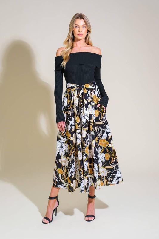 Black & Floral Midi Dress