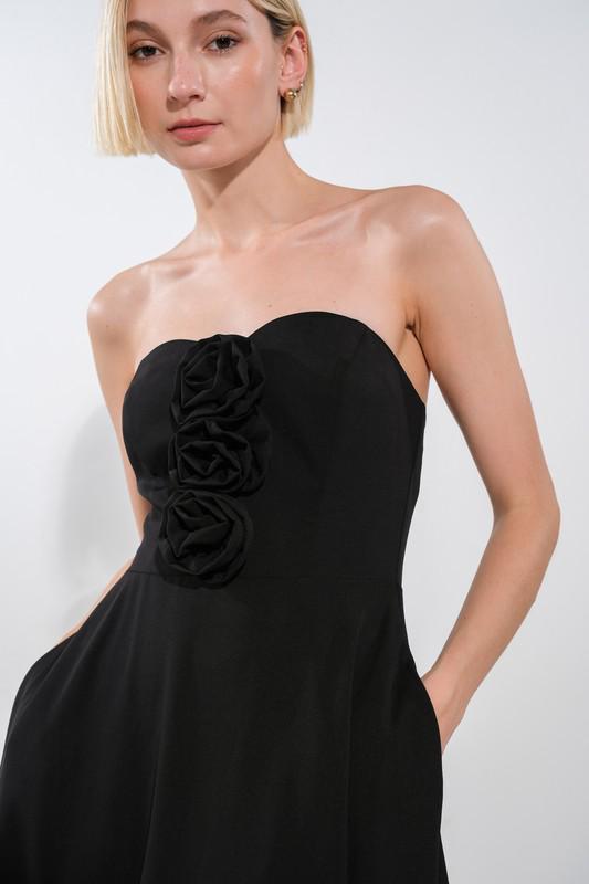 Black Button Detail Strapless Dress