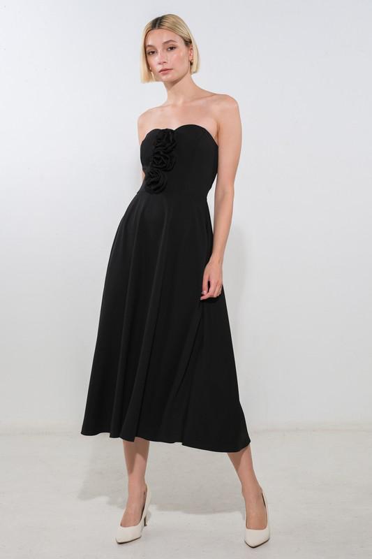 Black Button Detail Strapless Dress