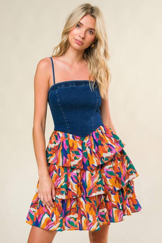 Denim Stripes Multicolor Ruffled Short Dress