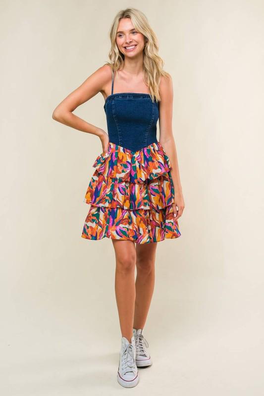 Denim Stripes Multicolor Ruffled Short Dress