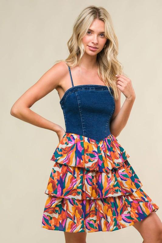 Denim Stripes Multicolor Ruffled Short Dress