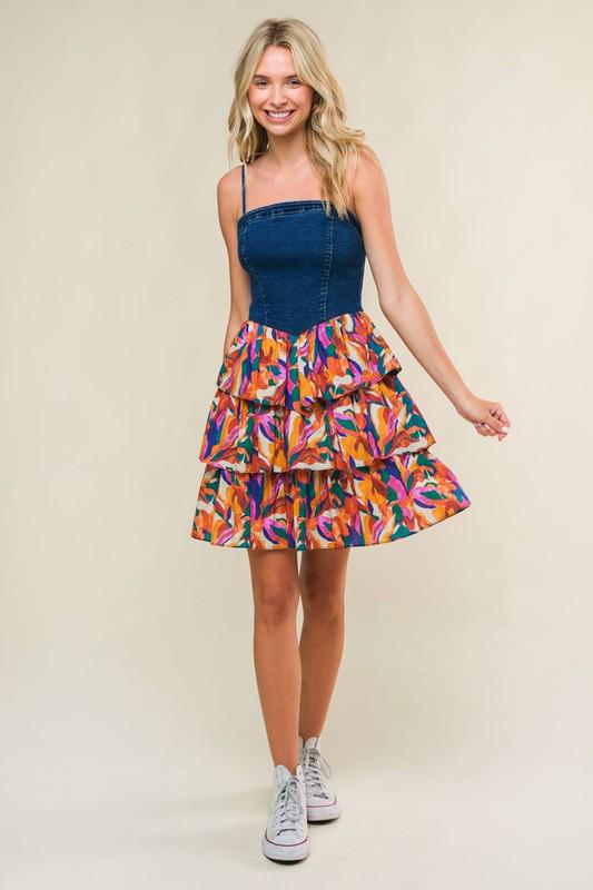 Denim Stripes Multicolor Ruffled Short Dress