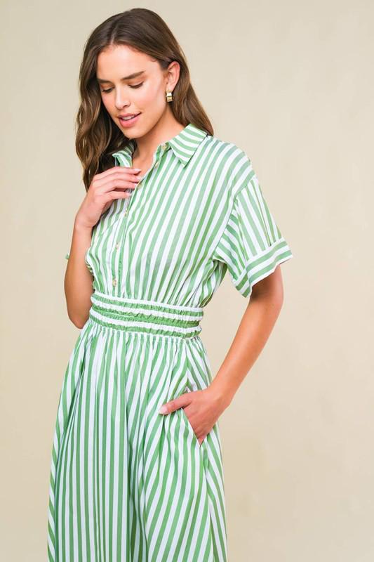 Green & White Stripped Midi Dress