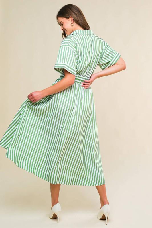 Green & White Stripped Midi Dress