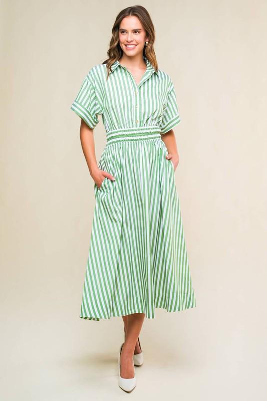 Green & White Stripped Midi Dress