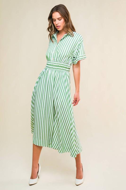 Green & White Stripped Midi Dress