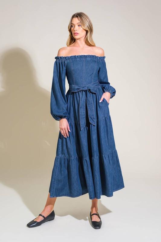 Off Shoulder Denim Midi Dress