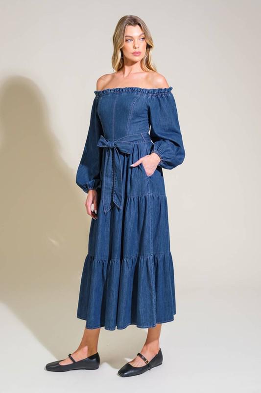 Off Shoulder Denim Midi Dress