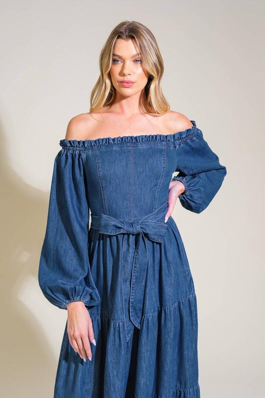 Off Shoulder Denim Midi Dress