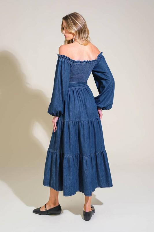 Off Shoulder Denim Midi Dress